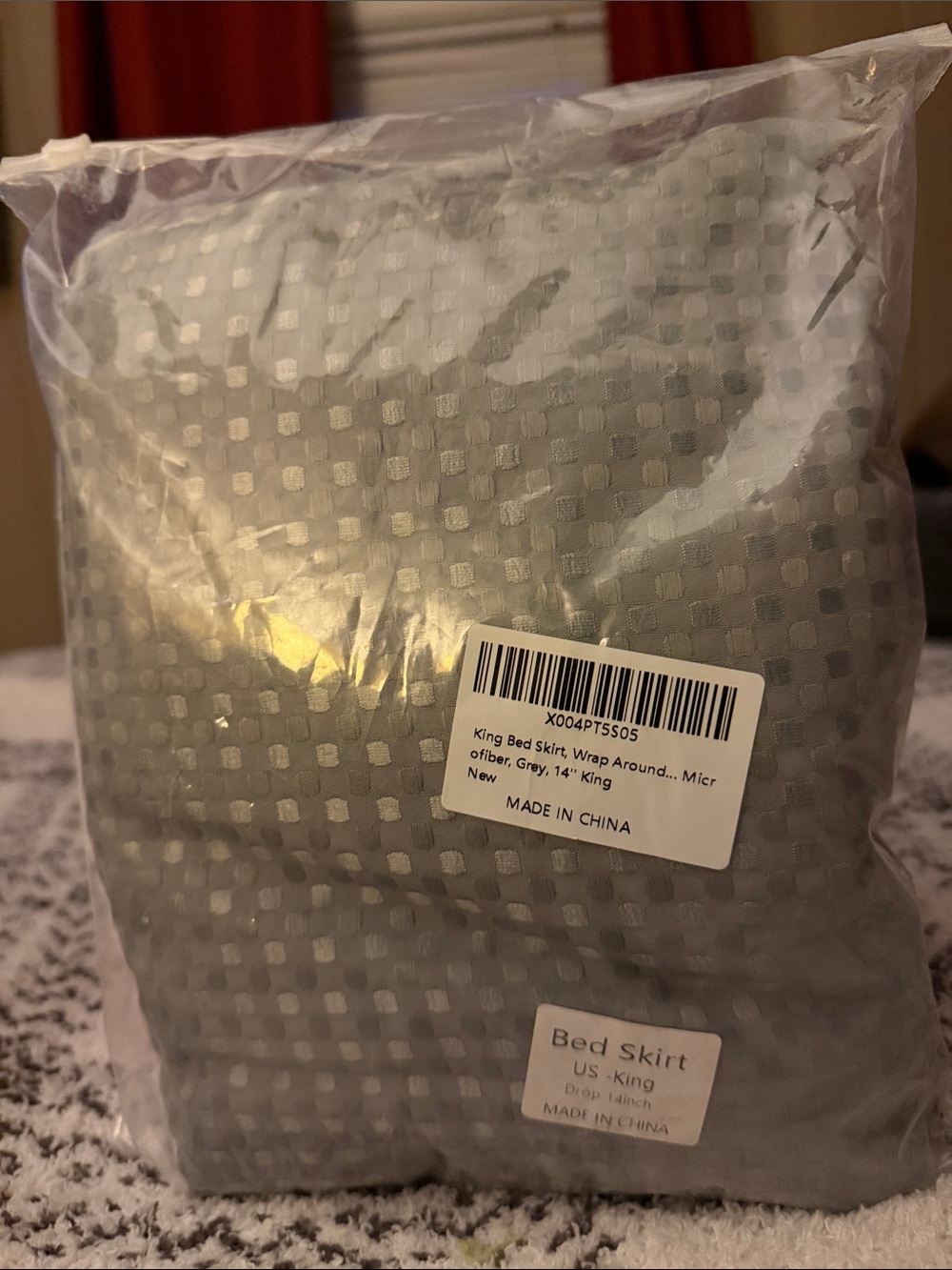 Gray King Bed Skirt - Textured Square Pattern